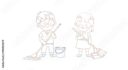 Diverse children doing cleaning chores with mop broom and bucket flat vector illustration on white background