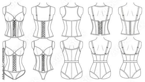 Vector CAD designs showcase various corset styles and shapes