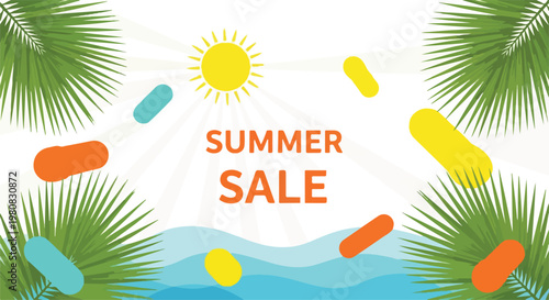 Vibrant summer sale banner with tropical palm leaves, colorful pills, and sunny beach background