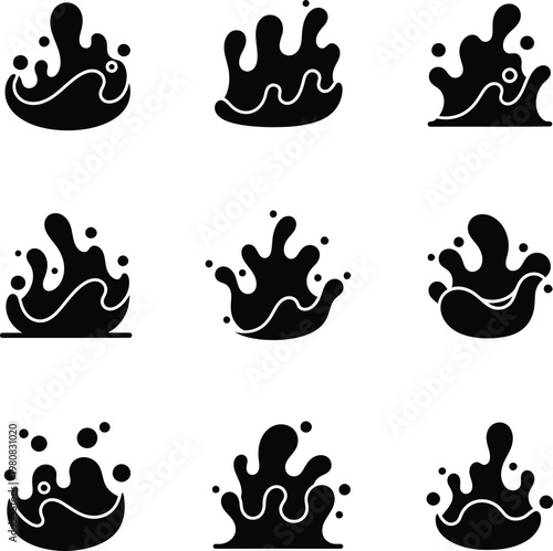 Nine black water splash with droplets and waves liquid fluid