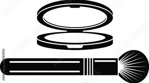 Black and white silhouette illustration of compact powder case with makeup brush symbolizing cosmetics, beauty, grooming, and personal care themes