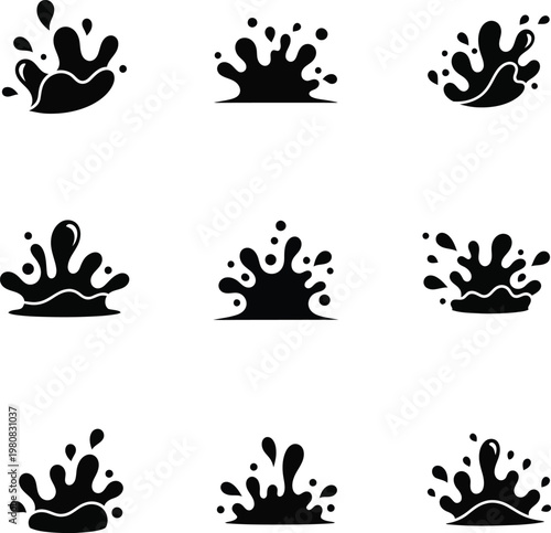 Nine black water splash with droplets and splashes liquid splash liquid