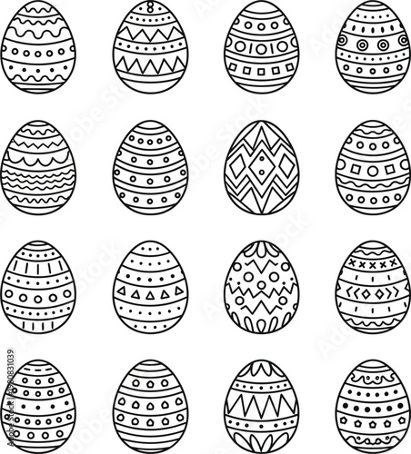 Sixteen black and white line easter eggs with diverse patterns line black and white symbol