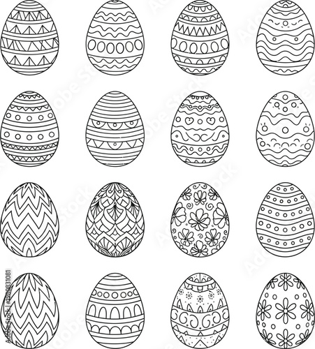 Sixteen black and white outline easter eggs with diverse decorative patterns