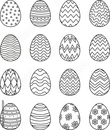 Sixteen black and white outline easter eggs with various patterns