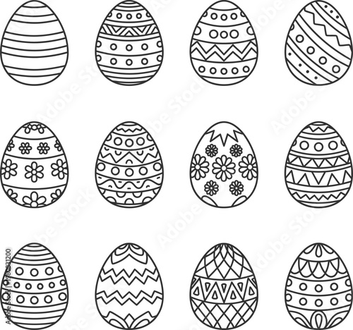 Twelve black and white outline easter eggs with various decorative patterns