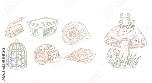 Flat vector icon set with cleaning supplies seashells and frog on mushroom for web and graphic design
