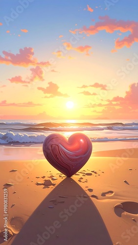 A serene beach scene at sunset with a heart-shaped object