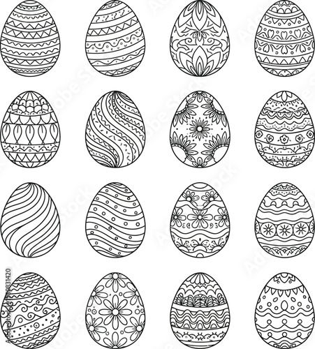 Sixteen black and white outline easter eggs with intricate patterns
