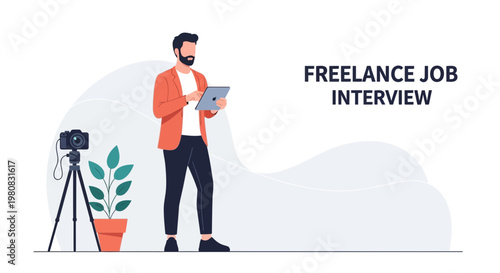 Freelance Job Interview: Man with Tablet, Camera, and Plant
