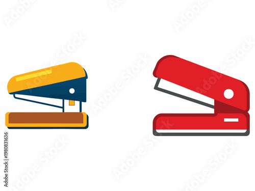 Two office staplers in yellow and red colors for binding papers  office supplies for daily use
