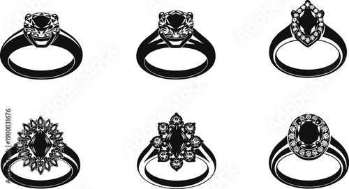 Vector illustration of luxury diamond rings, marquise, oval, solitaire, halo engagement jewelry, wedding bands, gemstone fashion accessories and elegant designs
