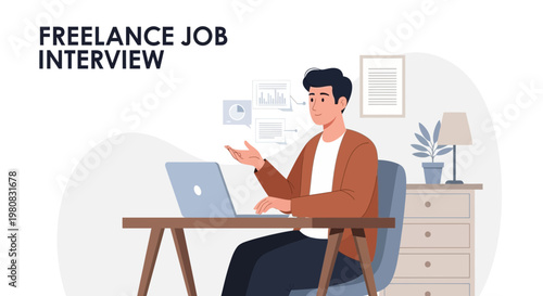 Freelance Job Interview: Man Working Remotely on Laptop