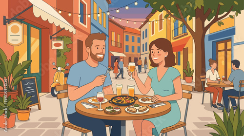This charming flat design illustration shows a traveling couple happily indulging in local cuisine at an outdoor cafe, embracing cultural experiences. It highlights the joy of culinary