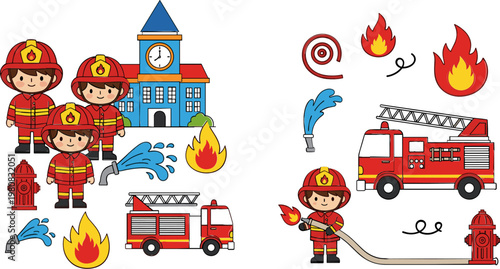 Cartoon Firefighter Vector Set Featuring Fire Trucks, Hydrants, Firemen, Flames, and Water Hoses for Emergency, Rescue, and Safety Illustrations
