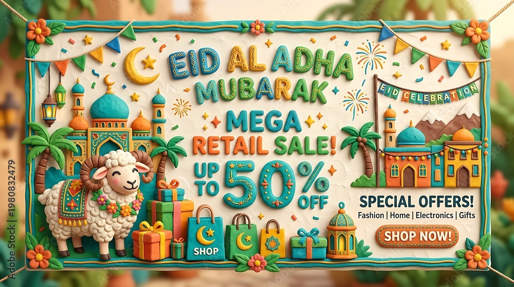 Obraz premium Eid al adha sale advertisement with festive illustrations and discount