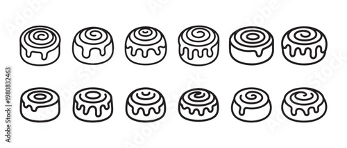 Collection of cinnamon roll icons. with icing drips, flat design vector illustration.