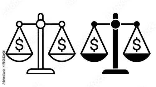 Minimalist monochrome finance icon showing dual balance scales with dollar signs, symbolizing equality, fairness, and monetary comparison.