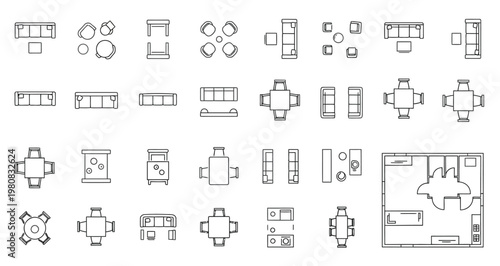 Architectural Floor Plan and Furniture Top View Elements Set
