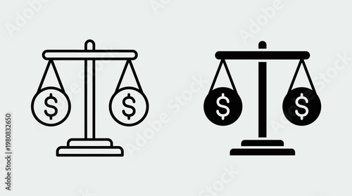 Minimalist monochrome finance icon showing dual balance scales with dollar signs, symbolizing equality, fairness, and monetary comparison.