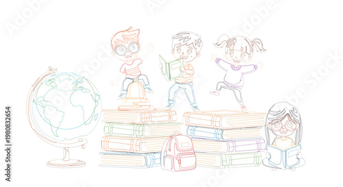 Flat vector illustration of diverse happy school children celebrating education and literacy on book podium