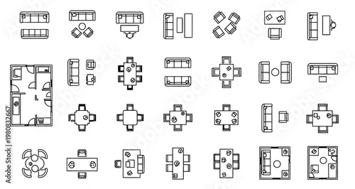 Architectural floor plan elements and furniture layouts