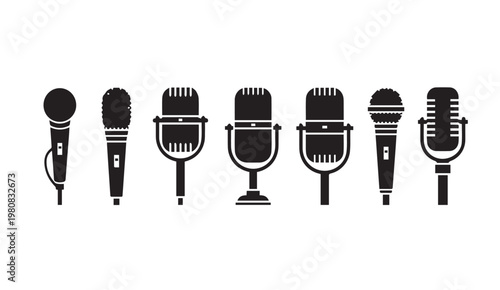 Collection of retro and modern microphones in silhouette on a white background