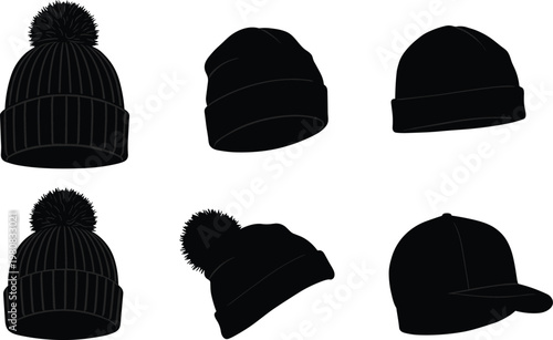 Vector set of knit pompom beanies, slouchy winter hats, classic rolled beanies, and casual baseball cap fashion accessories illustrations