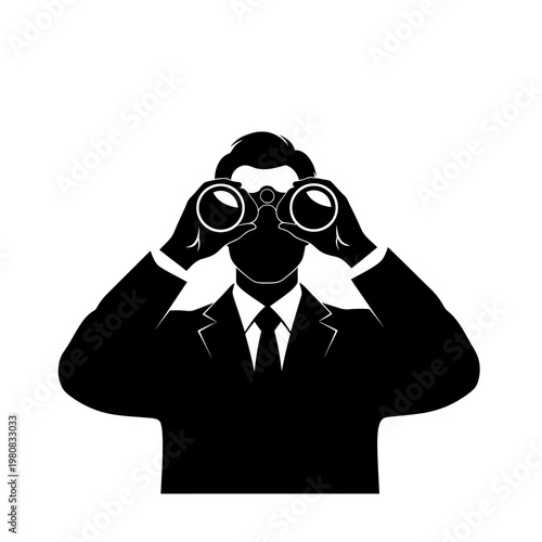 Person in Suit Looking Through Binoculars Vector Illustration.