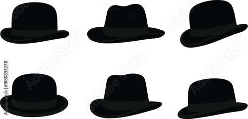 Collection of bowler and fedora hat silhouettes with bands, vintage men’s fashion headwear icons for retro, elegant, and formal style