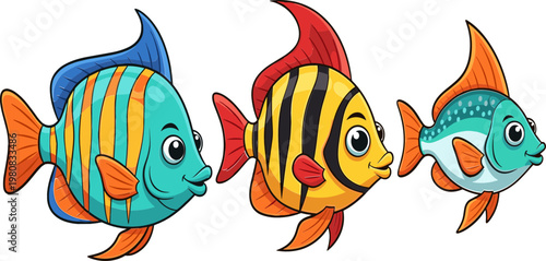 Cartoon Tropical Fish Vector Set Featuring Colorful Striped and Spotted Fish for Marine, Ocean, and Aquatic Illustrations