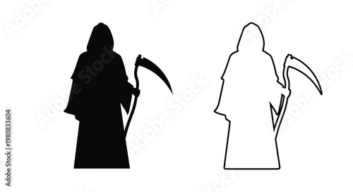 Two depictions of a grim reaper figure one solid and one outline