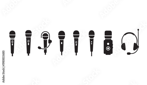 Various microphone types and a headset arranged in a row on a white background