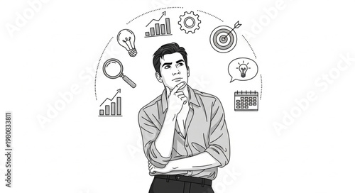 Young businessman pondering creative strategic ideas and solutions.