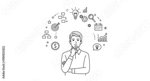 Young businessman thinking with idea icons.