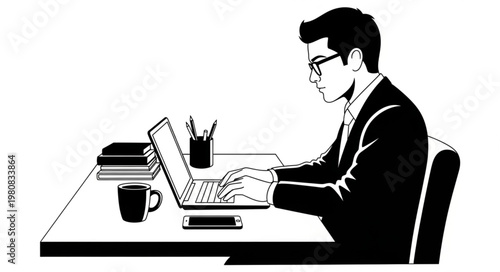 Young professional man typing on laptop at desk.