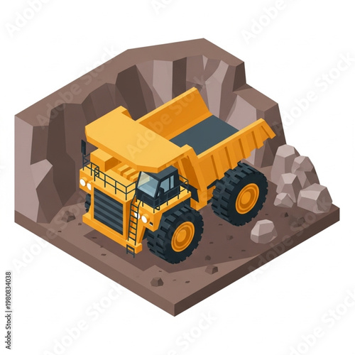 Yellow mining dump truck in a quarry isometric illustration.