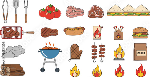 Barbecue Vector Set Featuring Grilling Tools, Meats, Fire, and Barbecue Dishes for Food, Cooking, and Outdoor Party Illustrations