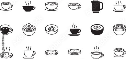 Set of sixteen black and white of pots pans and cooking utensils frying pans saucepans