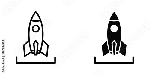 Launchpads with rockets ready for space missions depicted in contrasting styles