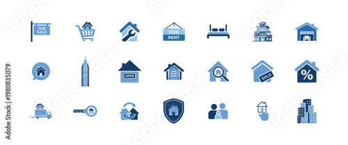 Real estate vector icon set featuring various housing symbols for sale, shopping cart, repair, for rent, bed, apartment, garage, chat, skyscraper, open sign, window.