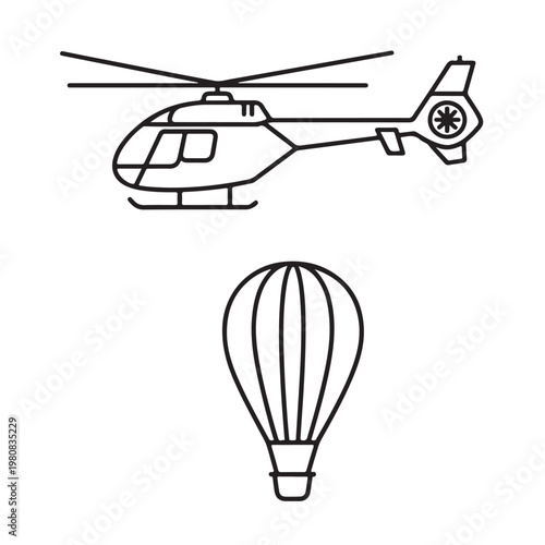 Helicopter and Hot Air Balloon Line Art Set – Vector Illustration for Coloring Pages and Icons