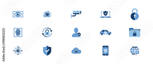 Set of data security and privacy line icons. includes eye, firewall, cctv camera, laptop with shield, padlock, fingerprint, security update, user verification, car with lock, locked folder, network se