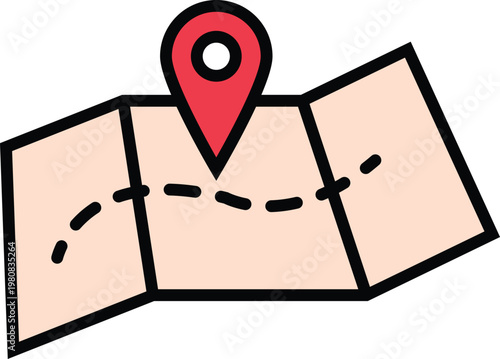 Folded map with red location pin and dashed route line, flat design vector illustration
