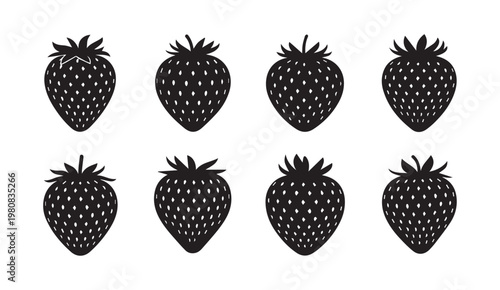 Set of eight black strawberry icons with white seeds arranged in two rows on a white background