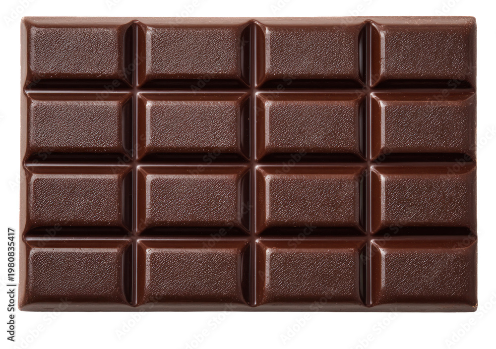 Naklejka premium Dark chocolate bar with rectangular segments showing smooth, glossy surface and rich color, arranged in a grid pattern