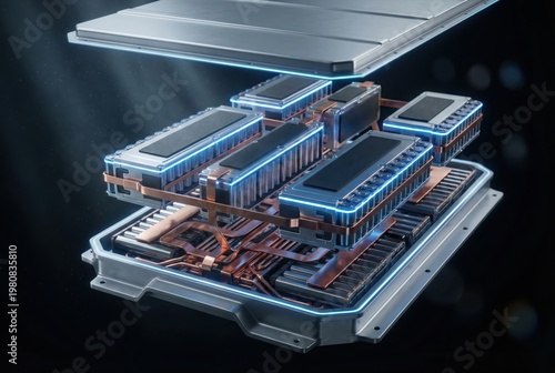 Electric vehicle battery pack with cooling system close-up