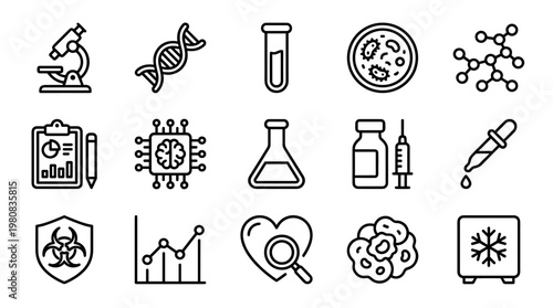 Medical, science, biology icons set, 15 black line style elements, health, microbiology, laboratory symbols