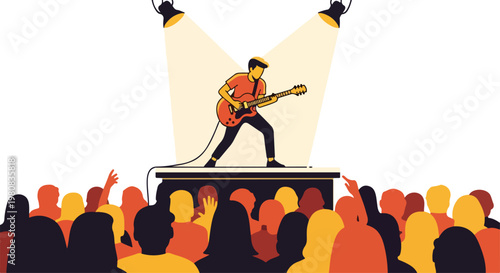 Illustration of a musician playing guitar on stage with a crowd of people in front, spotlit with a vibrant color scheme.