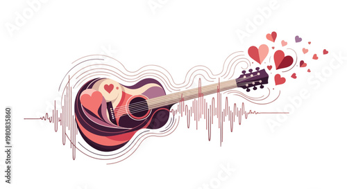 Illustration of a guitar with hearts and sound waves on a white background with a vibrant and musical mood.